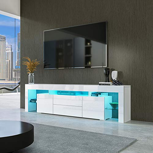 Senvoziii 200cm Modern High Gloss TV Stand Cabinet Unit with 2 Doors 2 Drawers LED Light for Living Room Bedroom with Ample Storage Furniture - White