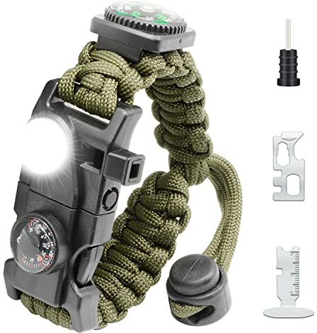 NVioAsport 20 in 1 Paracord Bracelet, Adjustable Gear Kit with SOS LED Light, Fire Starter, Bigger Compass, Survival Whistle, Perfect for Camping, Hiking, Fishing, Survival Bracelet