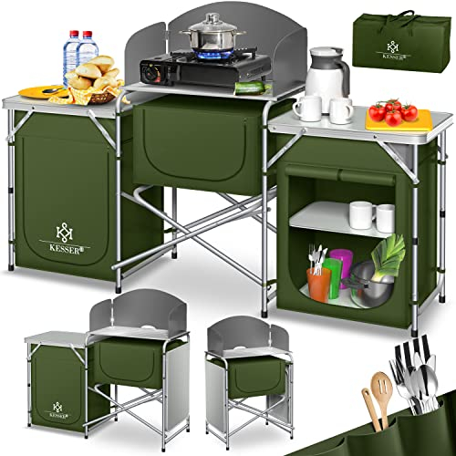 KESSER® Campingküche | Inkl. Tragetasche & Becherset | Campingschrank Faltschrank | mit Aluminiumgestell | Reiseküche | Küchenbox | Zeltschrank | Outdoor Camping Küche | Khaki | Typ Big