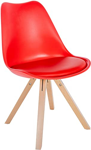 CLP Stuhl Sofia Kunststoff I Esszimmerstuhl Mit Kunstledersitz und Kunststoffschale I Kunststoffstuhl Mit 4-Fuß Holzgestell, Farbe:rot, Gestell Farbe:Natur (eckig)