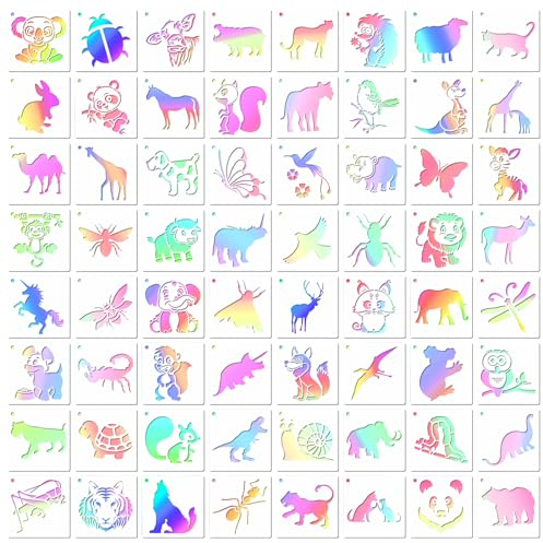 64 Stück Schablonen Kinder, 3 x 3” Tiere Schablonen, Malschablonen Kinder, Schablonen Textilgestaltung, Wiederverwendbare Stencil Schablonen für Geschenkkarte, Kleidung, Fotoalbum, Baby-Dusche