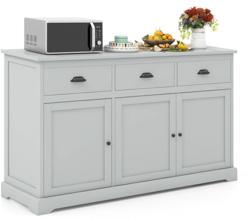 TANGZON Large Buffet Sideboard, Wooden Kitchen Storage Cabinet with 3 Doors, 3 Drawers & Adjustable Shelves, Buffet Cupboard Organiser for Dining Living Room (136x42x86cm,Plain Door, Grey)