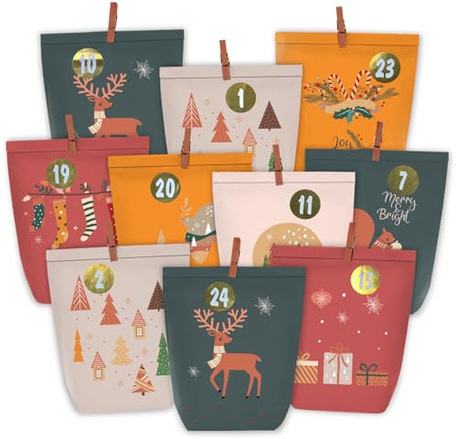 PANSIBY Adventskalender zum Befüllen, 24 Weihnachtskalender Geschenktüten zum Selber Basteln, Papiertüten mit Aufklebern zum Selbst Füllen, Kraftpapiertüten Boho Advents Selbstbefüllen