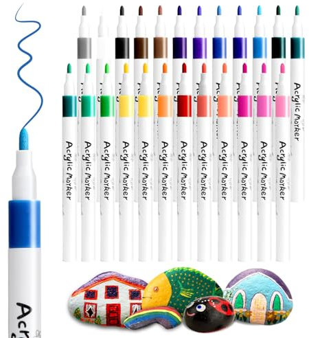 newatty Rotuladores Acrilicos, 24 Colores Rotuladores de Pintura Acrílica Rotulador Acrilico Resistentes al Agua 2mm Permanente Marcadores para Piedras Cerámica Madera Cristal Metal Plastico