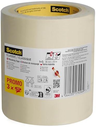 Scotch Ruban de Masquage Classique, Pack Promo de 3 Rouleaux, 36 mm x 50 m, Beige - Pour Peinture et Décoration Intérieure, 70% PEFC