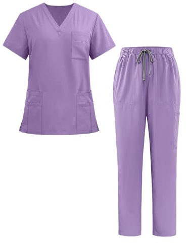 Ausing Uniforme Medica Unisex con Top e Pantaloni Slip-on Set di Pantaloni Chirurgici Elasticizzati e ad Asciugatura Rapida Set di Camici Chirurgici Viola S