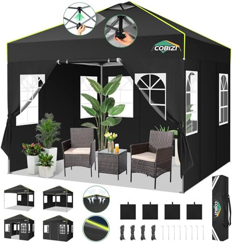 COBIZI Faltpavillon 3x3 Pop Up Pavillon Wasserdicht Stabil Winterfest Klappbar Partyzelt mit 4 Seitenwänden UV-Schutz Gartenpavillon mit Netzlüftungsöffnung & Reflexstreifen für Camping, Schwarz