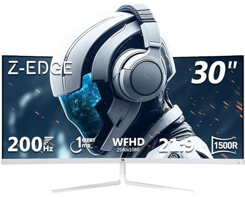 Z-Edge Monitor Gaming Curvo Blanco 30'' 200Hz, 1ms, 2560x1080, FreeSync, Pantalla PC White Ultra Ancho 21:9, Inclinación Ajustable, 1500R VA, 2×HDMI2.0 &2×DP1.4, RGB, VESA 75*75mm(DP Cable Incluido)