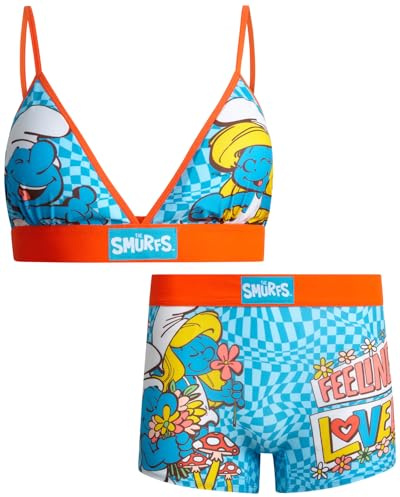 COCO BRANDS The Smurfs Women’s Sports Bra & Boxer Briefs Underwear Set - Triangle Bra with Adjustable Straps & Removable Pads, Size Medium, Smurf Feeling Blue