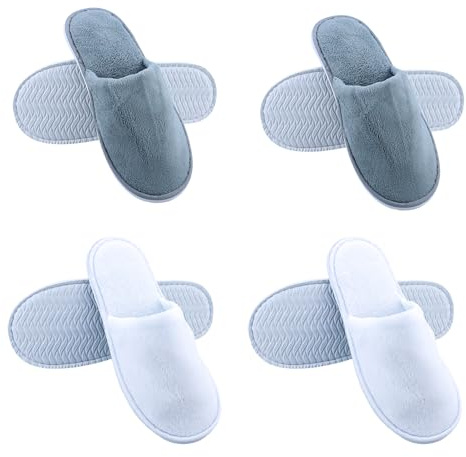4 Paia Ciabatte Monouso per Hotel e Ospiti in Coral Velvet, Pantofole Punta Chiuse per Casa, Spa, Bagno, Uomini e Donne, Travel Home (Bianco & Grigio)