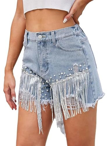 2025 Nuovi pantaloncini di jeans per le donne a vita alta strappato perla perline frangia comfort nappa pantaloncini in denim con tasche da donna tagliati jeans estivi Jorts, Blu, S