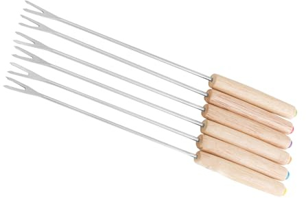Ensemble de 6 Fourches à Fondue en Acier Inoxydable avec des Poignées en Bois Résistantes à la Chaleur - Smores, Fromage et Bâtons Fondue au Chocolat pour Pique-niquer et Camping