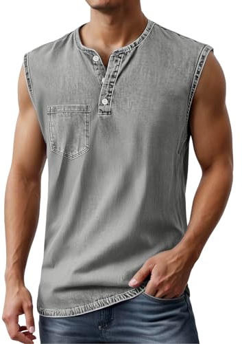 Duohropke Canottiera da uomo, estiva con scollo a V, senza maniche, elasticizzata, con bottoni, leggera, funzionale, tinta unita, da corsa