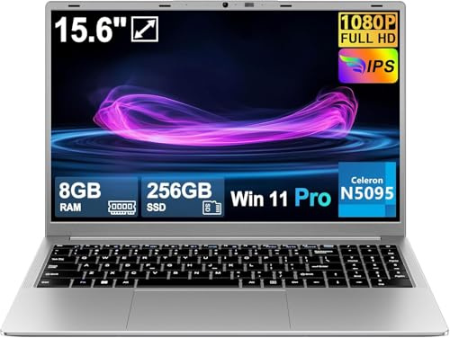 Ordinateur Portable 15.6 Pouces Celeron N5095 Win11 Pro 8Go RAM 256Go SSD Extension1To 5G WiFi 1920x1080 FHD PC Portable avec Souris sans Fil qwerty Clavier avec AZERTY Membrane du Clavie-Silver-4