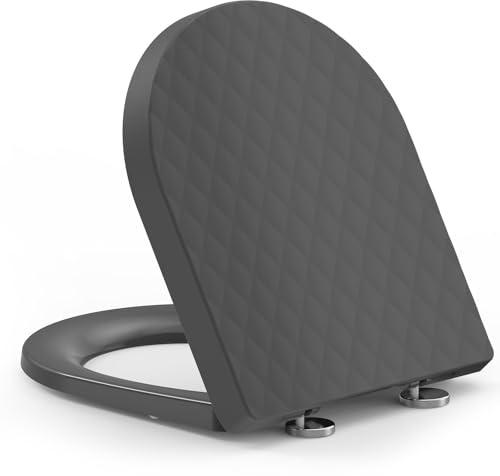 YEAUPE PRO Tapa WC Universal Asiento Inodoro Forma D Rombos Gris | Cierre suave, liberación rápida y fácil limpieza, diseño rombos, plantilla de instalación incluida, tamaño 43,5×36,3×3,7 cm