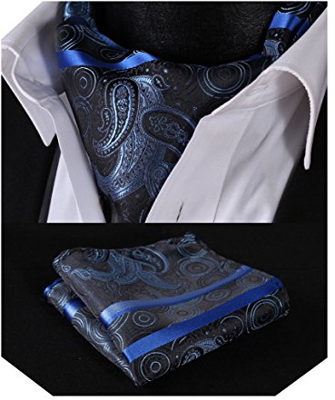 HISDERN Men's Blue & Black Cravats Wedding Floral Ascot with Handkerchief Elegant Paisley Cravat Tie & Pocket Square Set for Business Party
