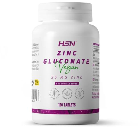 ZINC 25 MG de HSN | 120 Tabletas de Gluconato de Zinc que aporta 25mg de Zinc Mineral por tableta | Forma de Alta Absorción y Dosis Elevada | Suministro 4 Meses | No-GMO, Vegano, Sin Gluten