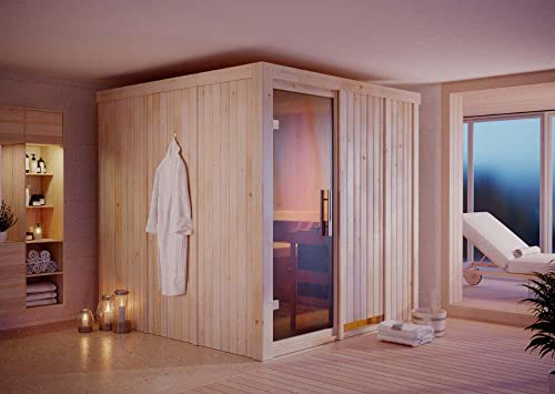 FinnTherm Innensauna Lanah mit Fronteinstieg aus Holz Innensauna mit 68 mm Wandstärke Saunakabine Infrarotsauna