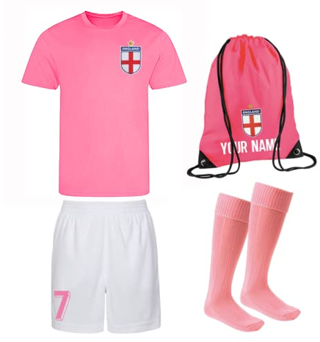 Personalised England Style Kit White and Pink Football Shirt, White Shorts, Bag and Socks for Boys and Girls Best Birthday Gift for Children Kids Playwear (9-11 Years)