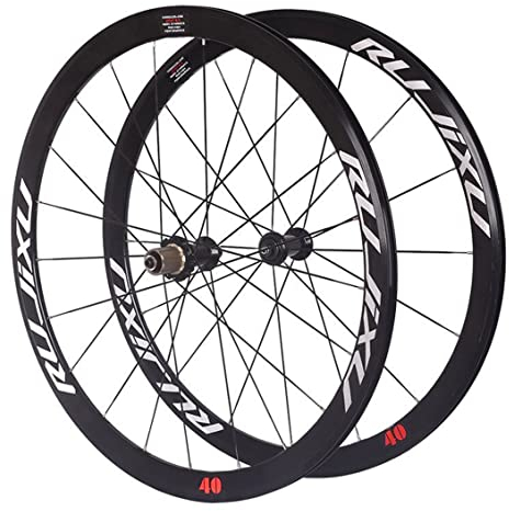 SHKJ 700C Rennrad Laufradsatz, Fahrrad Laufradsatz V-Brakes Carbon Fiber Hub Quick Release Tubeless Kompatibel 8 9 10 11 Geschwindigkeit Freilauf 40mm (Color : Black, Size : 700C)