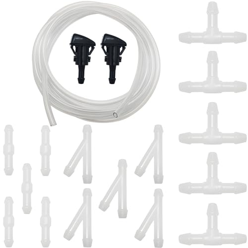 CTRICALVER Kit de Tuyau Essuie Glace, avec 5M Mètres Tuyau de Liquide de Lave-Glace Universal, Raccord de Tuyau Blanc 15 Pièces (Type Y I T) et 2 Pièces Buses de Lave-Glace
