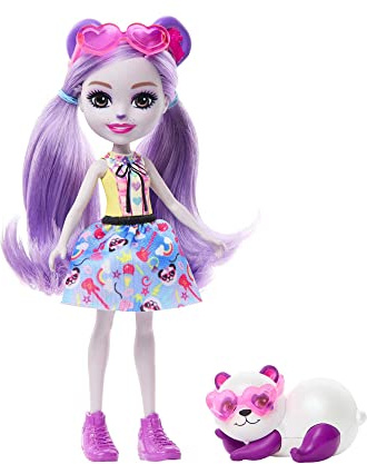 Enchantimals Glam Party Pemma Panda - Puppe mit bestem Tierfreund Clamber, niedlichen Bärenohren und abnehmbarem Rock, tolles Geschenk für Kinder ab 4 Jahren, HNT58