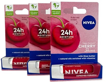 Nivea Lipcare Lipbalm 4,8gr Cherry Nourishing Hydrating Mineral Oil Free Tinted Lips Feel Soft and Smooth, With Fruity Scent of Sweet Cherries (Pack of 3)