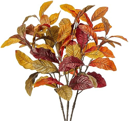3 Pcs Artificial Magnolia Leaves, Fake Leaf Branches for Autumn Decorations, Faux Bundles With Long Stems for Thanksgiving, Festival, Wedding, Maple Leaves Home Decor, DIY, Party