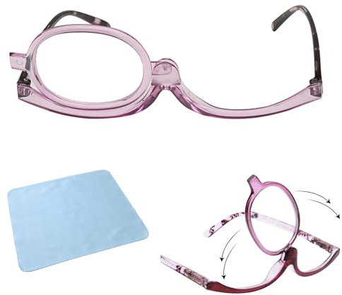 KARELLS Makeup Lesebrille, Vergrößerungs-Make-Up-Brille, Make Up Brille, Drehbare Make-Up-Brillen, Make-Up-Lesebrillen Damen, Vergrößernde Make-up Brille mit Flip-Down Einzelobjektiv, Purple, +2.0