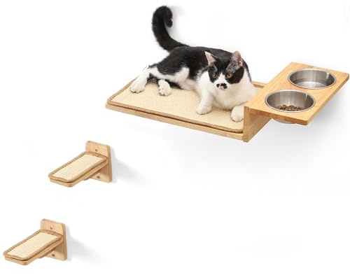 FUKUMARU Kattväggshyllor, 3-i-1 Kattväggsmöbelset, Kattmatstation med 2 Väggsteg, Solid Gummiträ Kattplattform, Lämplig för Katter att Leka, Vila, Äta, DIY Väggdjungel