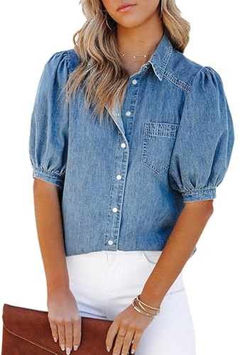 Camisa Vaquera Vintage Holgada para Mujer, Camisas Vaqueras De Manga Corta Abullonadas con Botones, Blusa Vaquera Informal Holgada De Verano