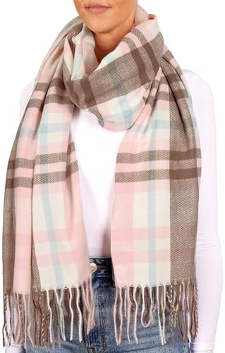 BRUBAKER Cashmirillo Schal für Damen und Herren - Rosa, Blau und Beige Kariert - 70 x 200 cm - Warm und Kuschelig - Winterschal für Herbst und Winter - Herbstschal mit weichem Kaschmir-Gefühl