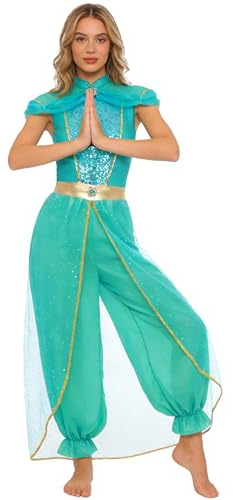 Eandarui Arabische Prinzessin Kostüm Damen Indische Orientalische Tanzkleidung Pailletten Overall Rüschen Tüll Jumpsuit Bauchtänzerin Outfit Faschingskostüm Hellblau M