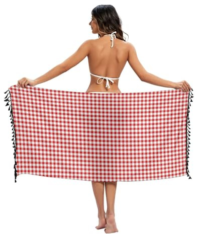 Ewusp Paréo de plage à carreaux rouge et blanc pour femme - Cache-maillot de bain - Jupe écharpe châle, a, M