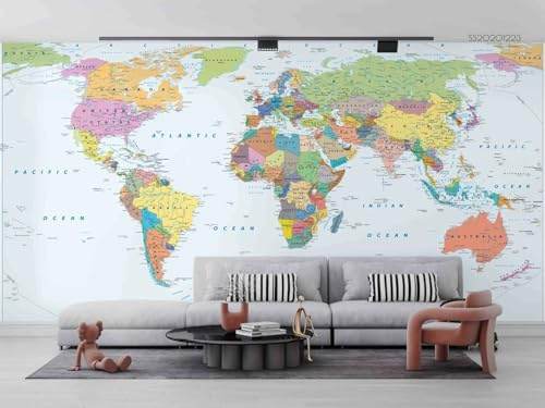 Panorama Carta da Parati Murale, Mappa del mondo colorata, 350x250cm Carta da Parati Fotografica, Fotomurale Murales, Adesivo da Parete Poster Decorativo con Effetto 3D