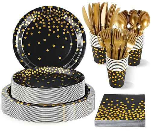 168 Stück Schwarzesgold Partygeschirr | Partyzubehör Pappteller Set | Golden Dot Partyteller Set Enthält Pappteller, Becher, Servietten | für Geburtstag, Hochzeiten, Party (24 Gäste)