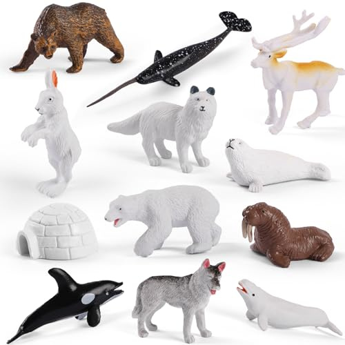 Maxmoc 12 Pcs Arctic Animals Toy Set,Mini Polar Animal Toys | Realistic Animal Figurines Including Polar Bear, Orca, Arctic Wolf, Arctic Fox, Seal,Ideal as a Gift for Children