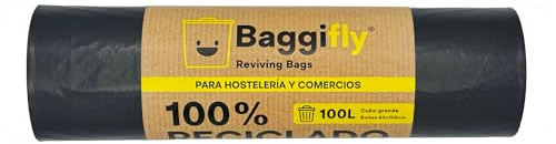Baggifly, Bolsas de Basura 100L, 10 Bolsas Súper Resistentes, 100% Recicladas, ECO Friendly, Hostelería, Comercios y Jardinería, Pack 1 x 10, Fabricado en España
