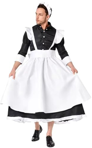 NIDONE Traje de sirvienta para hombres, uniforme de sirvienta victoriana con sombreros y medias, disfraz de cosplay para fiesta de anime, juegos de rol, disfraces de actuación, fiesta temática, S