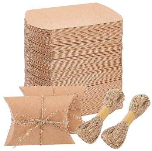 BENECREAT 100 pz Scatole A Cuscino In Carta Kraft, 7.2x6.5x2.5cm Scatola Porta A Cuscino Marrone con Spago di Iuta e Scatole Postali per e Feste di Matrimonio
