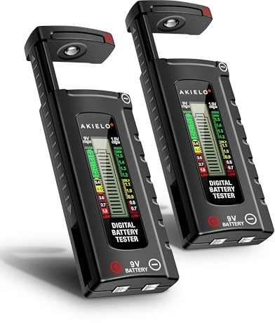 AKIELO+ Tester Digitale per Batterie (2 Pezzi) – Display LCD di Facile Lettura – Nessuna Batteria Necessaria – Verificatore Universale per Batterie AA AAA C D 9V 1,5V Pila a Bottone