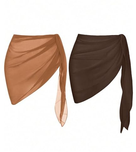 NJIEzhao Gonna Avvolgente Bikini Copricostume da Donna Estivo Corto Pareo Bagno Copricostume Spiaggia Bikini Avvolgente Gonna Trasparente Sciarpa in Chiffon(Brown Khaki-2Pcs)