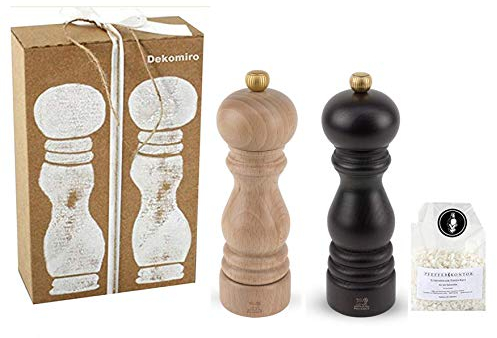 Dekomiro Peugeot Set Paris Pfeffermühle Schoko und Salzmühle Natur 18 cm Geschenkset mit 100 gr. Salz