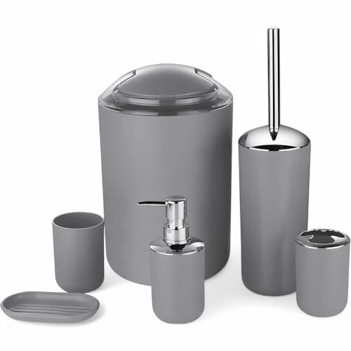 6tlg Badset Badezimmer Zubehör Set Organizer: Seifenspender, Zahnputzbecher, Kosmetikeimer, WC Bürste und Halter, Seifenschale, Mülleimer, Zahnbürstenhalter, Badgarnitur (Grau Design 3)