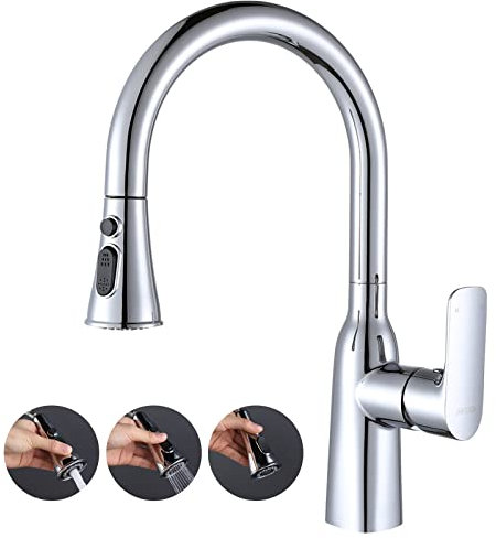 ARCORA Grifo de Cocina Extraíble Grifo Monomando Giratorio 360 ° Mezclador Monomando de Fregadero Mezclador Monomando Cromado Boquilla Mezcladora Fregadero Mezclador de Cocina