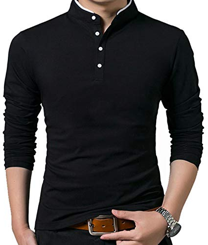 VANVENE Mens Polo Shirt Long Sleeve Henley Shirts Cotton Casual Tops Classic Vintage T Shirt Black L