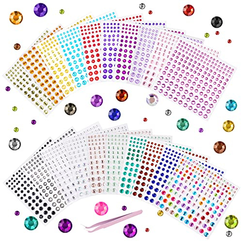 Vicloon 3300+pcs Strass Auto-adhésif Visage Maquillage Strass Pierres Precieuses Autocollants Avec Brucelles pour DIY Visage Maquillage Décoration - 2mm 3mm 4mm 5mm 6mm
