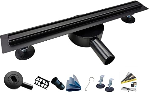 AQUA HEATING Schmaler linearer Edelstahl-Bodenablauf 20mm breit, Duschablauf 360° drehbarer Siphon Komplettset Badezimmer bodengleiche Dusche, Duschrinne Ablaufgarnitur-Set Rost 70 cm schwarz matt