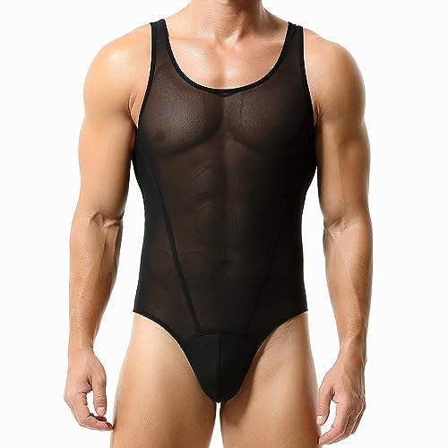 WMIERFI Men's Mesh Breathable Sissy Bodysuits Jockstrap Wrestling Singlet Leotard Athletic Jumpsuits Thongs
