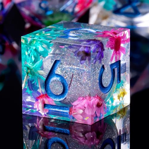 Role dice Liquid Core DND Dice Set, 7pcs Sharp Edge Dice for Role Playing Dungeons and Dragons Ttrpg with Gift Box, Handmade Resin D&D Dice RPG Role Playing Games Dice Set(Flower&Silvery Quicksand)